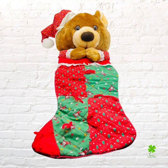 Vintage 1980s Christmas Stocking 21" Smithy Brown Teddy Bear Plush Quilted - Picture 12 of 14